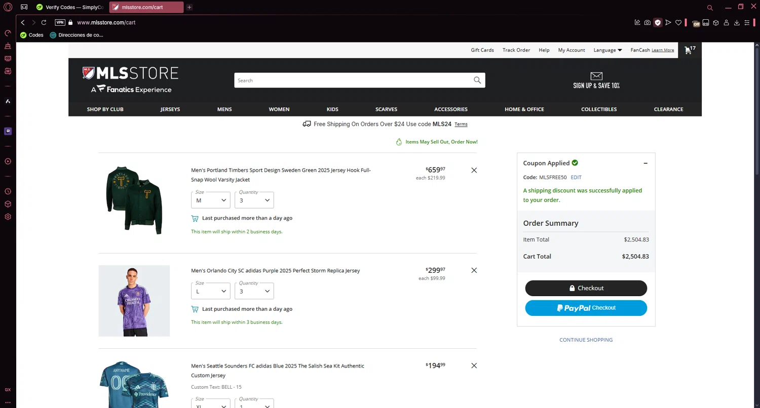 Minnesota United FC promo code screenshot showing code MLSFREE50 applied at Minnesota United FC checkout page. Uploaded by SimplyCodes community member Veigarwaton on Apr 5, 2025