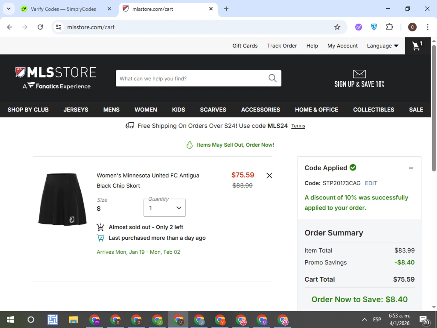 Minnesota United FC checkout page showing Minnesota United FC promo code box | Screenshot taken by SimplyCodes community member on Jan 4, 2026