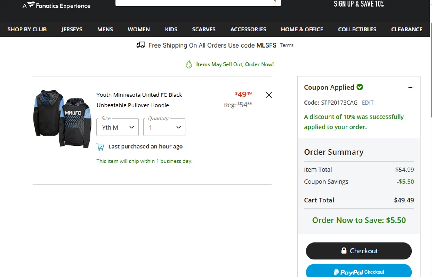 Minnesota United FC promo code screenshot showing code STP20173CAG applied at Minnesota United FC checkout page. Uploaded by SimplyCodes community member SwiftTracker8156 on Mar 16, 2025