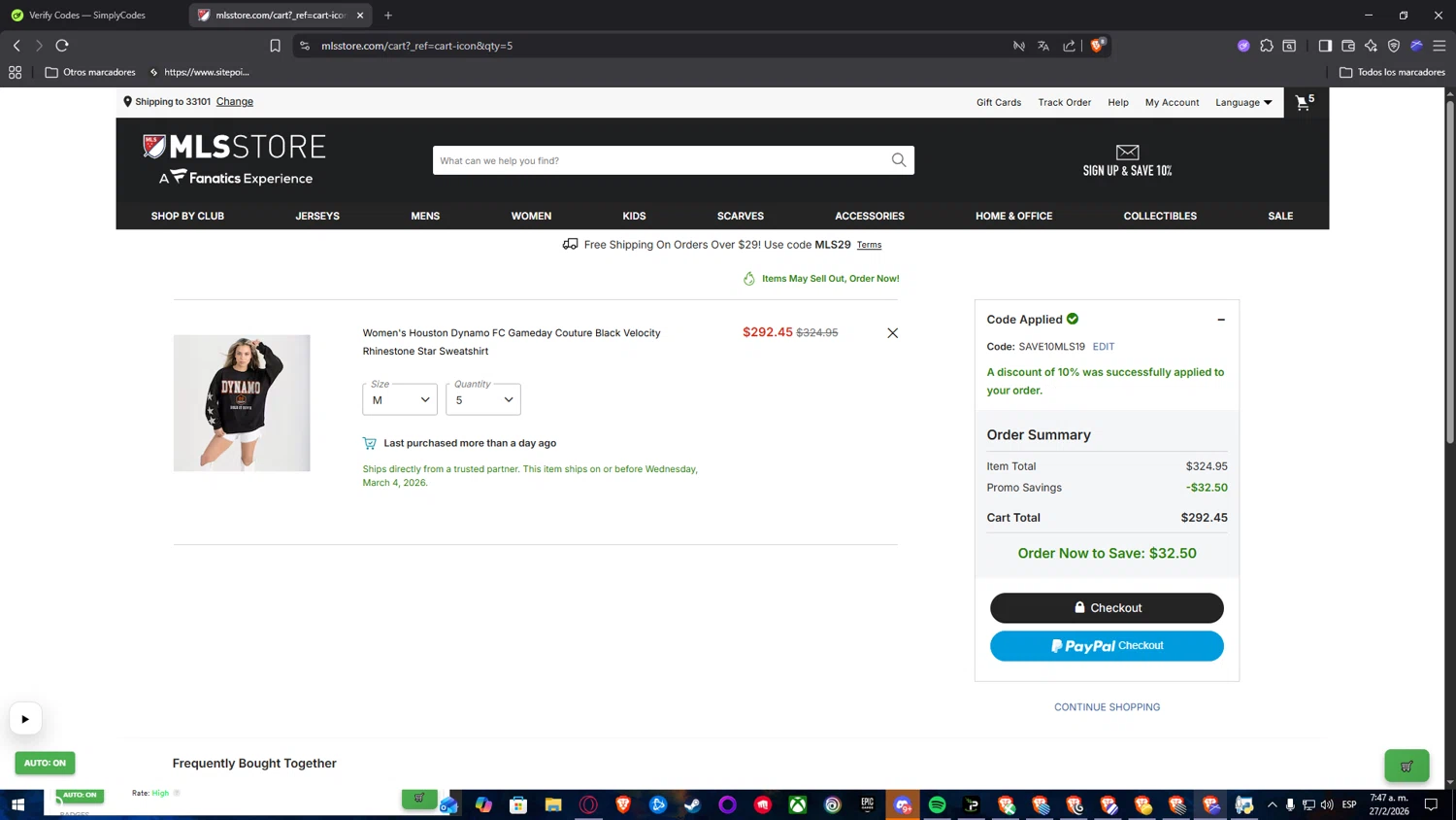 Minnesota United FC promo code screenshot showing code SAVE10MLS19 applied at Minnesota United FC checkout page. Uploaded by SimplyCodes community member Nekiro on Feb 27, 2026