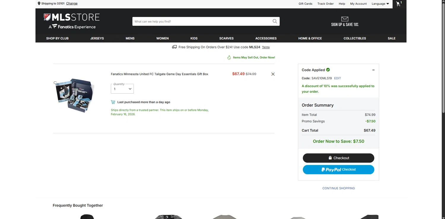 Minnesota United FC checkout page showing Minnesota United FC promo code box | Screenshot taken by SimplyCodes community member on Feb 5, 2026