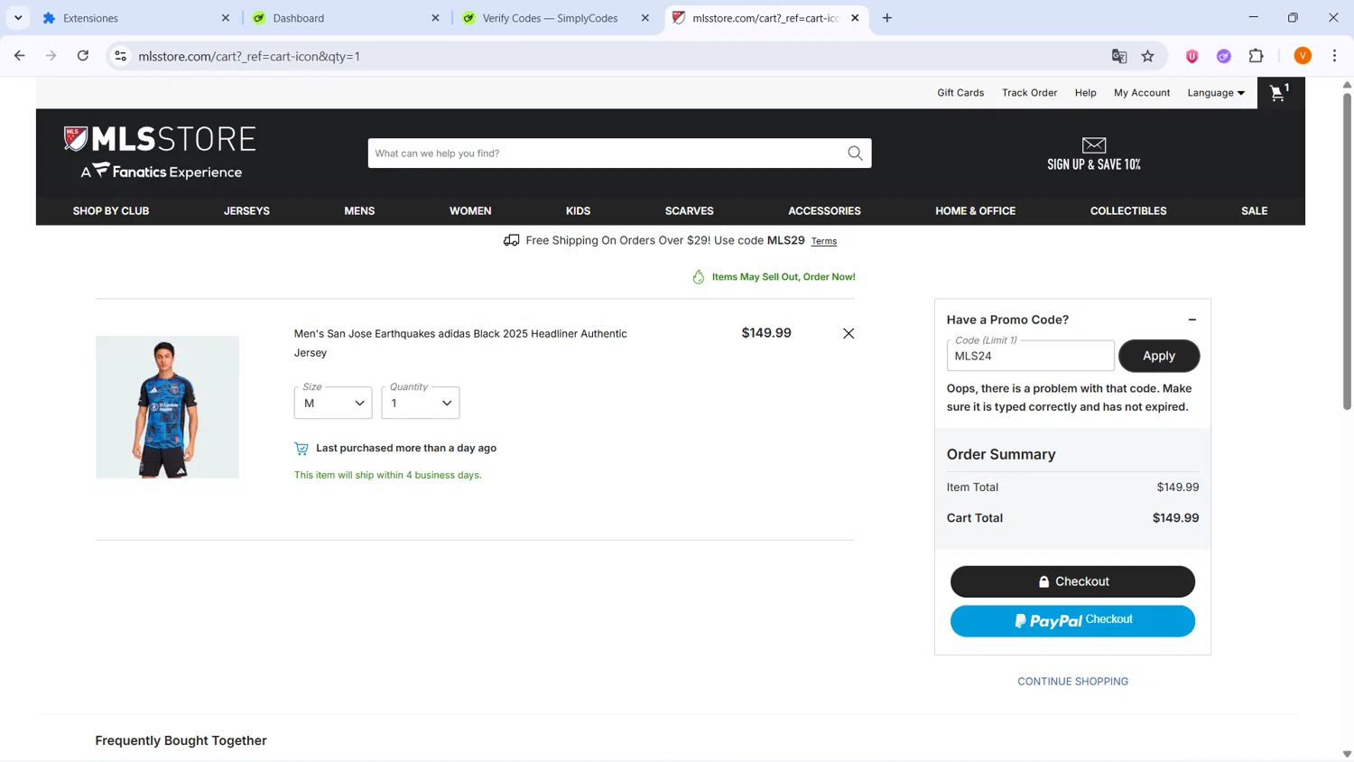 Minnesota United FC promo code screenshot showing code MLS24 applied at Minnesota United FC checkout page. Uploaded by SimplyCodes community member BrilliantLion4485 on Feb 12, 2026