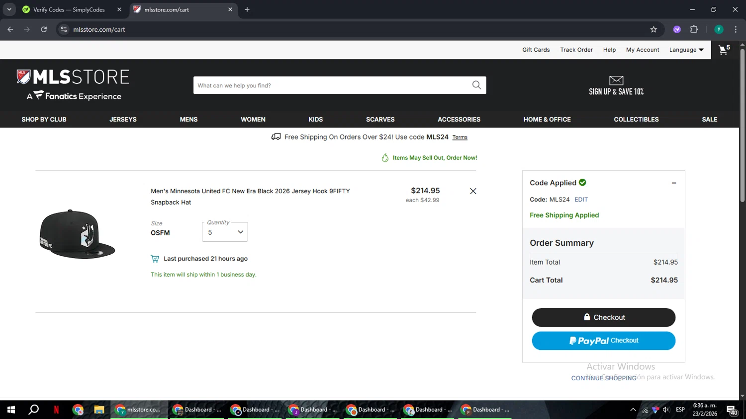 Minnesota United FC checkout page showing Minnesota United FC promo code box | Screenshot taken by SimplyCodes community member on Feb 23, 2026