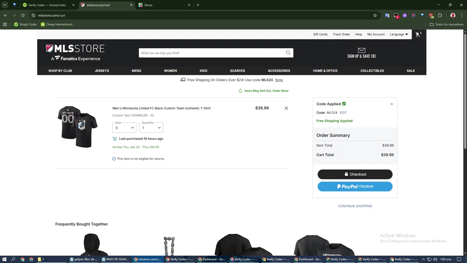Minnesota United FC checkout page showing Minnesota United FC promo code box | Screenshot taken by SimplyCodes community member on Jan 3, 2026