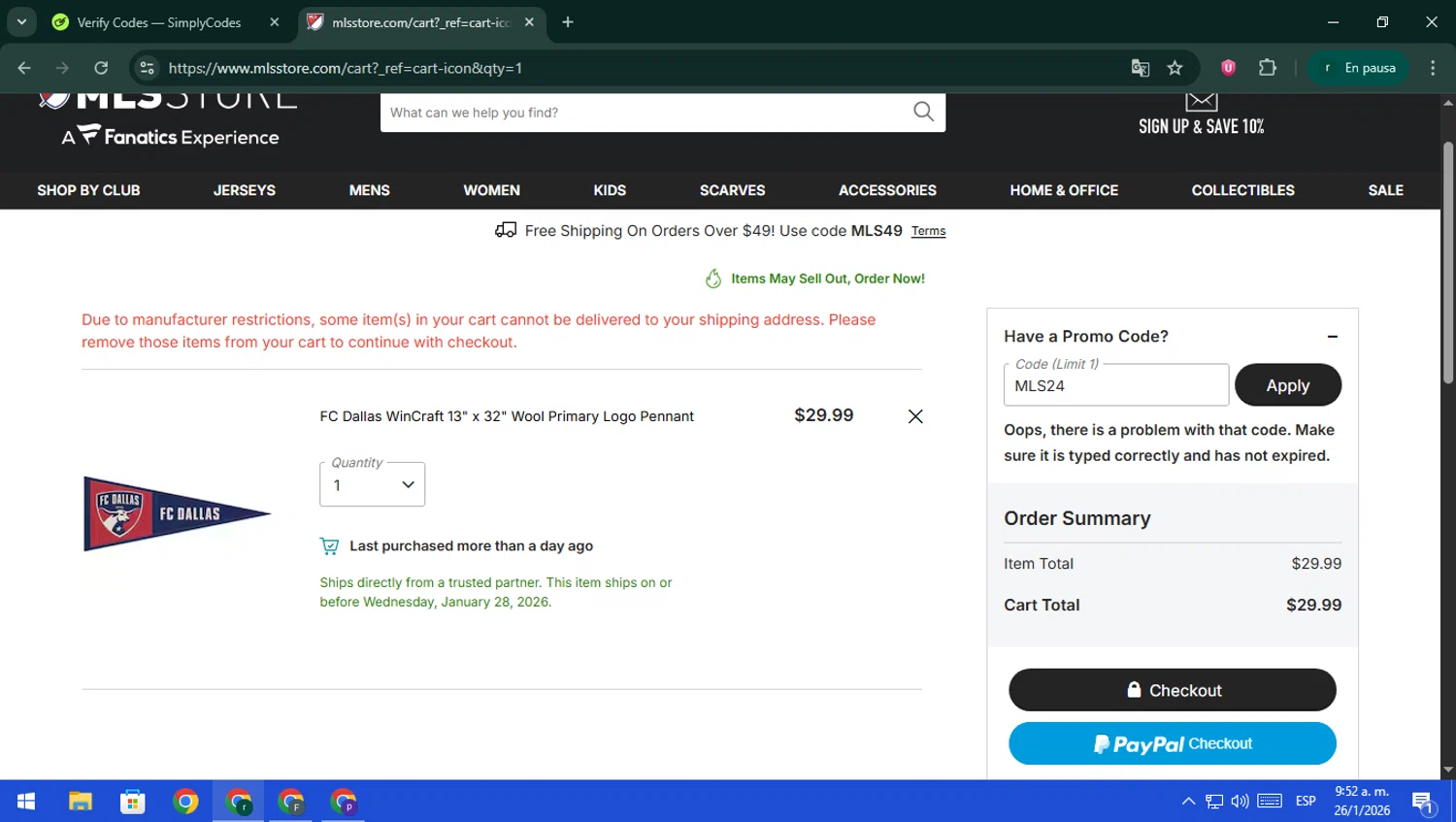 Minnesota United FC promo code screenshot showing code MLS24 applied at Minnesota United FC checkout page. Uploaded by SimplyCodes community member rodri1 on Jan 26, 2026