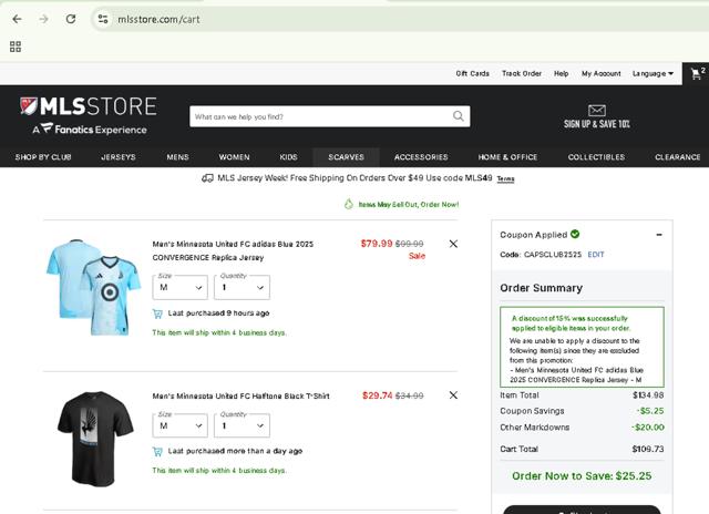Minnesota United FC checkout page showing Minnesota United FC promo code box | Screenshot taken by SimplyCodes community member on Sep 25, 2025