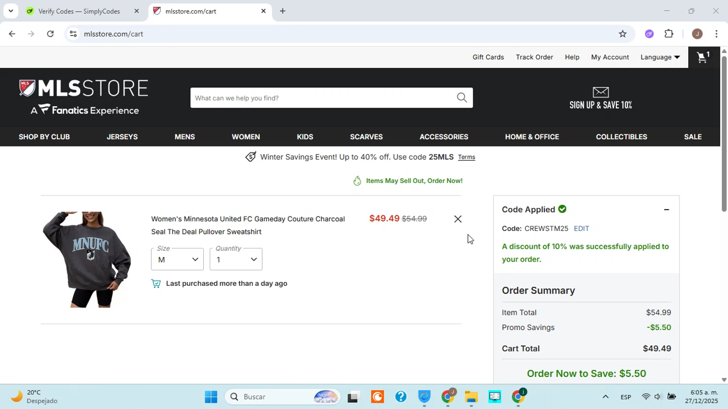 Minnesota United FC checkout page showing Minnesota United FC promo code box | Screenshot taken by SimplyCodes community member on Dec 27, 2025