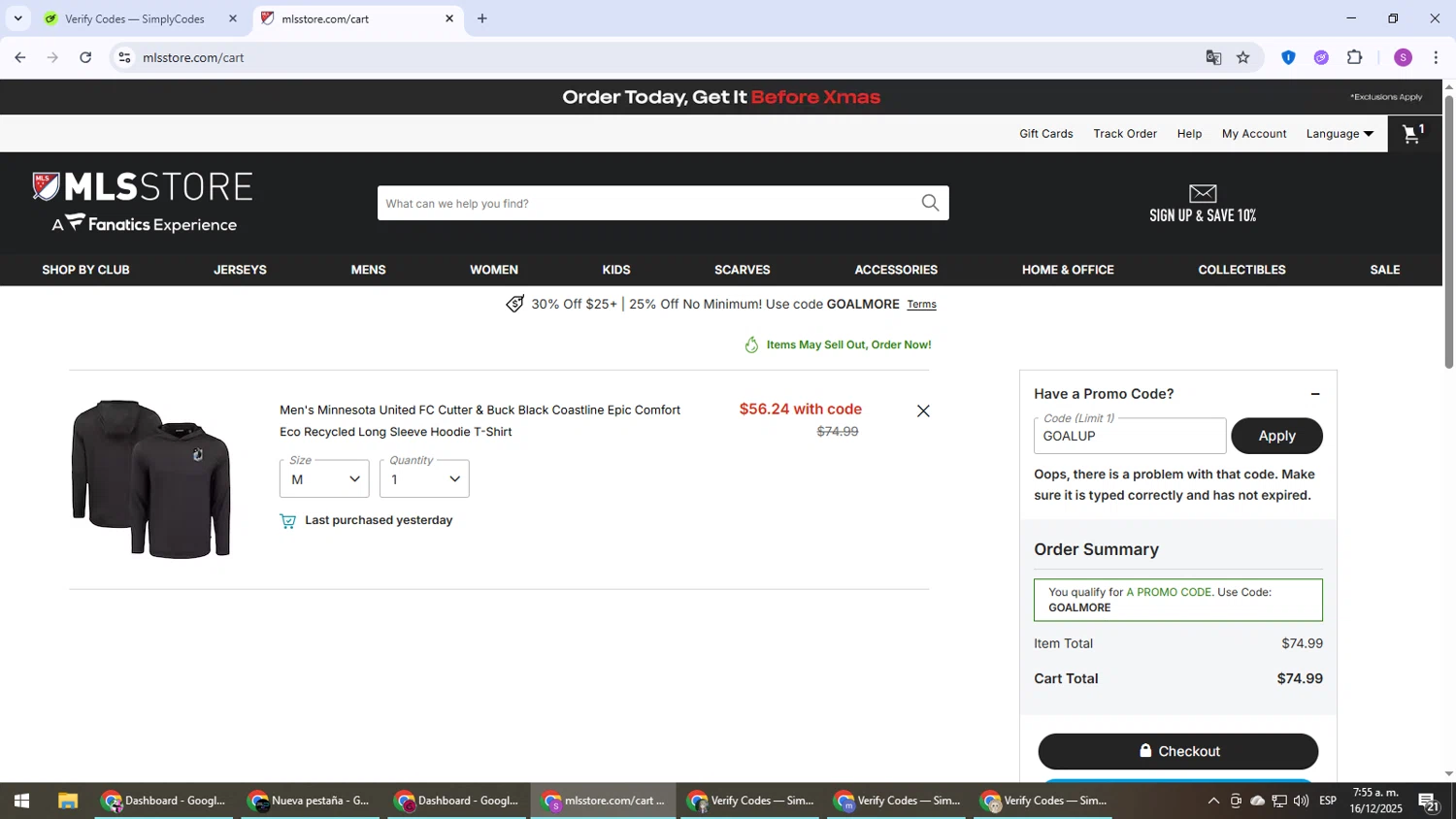 Minnesota United FC promo code screenshot showing code GOALUP applied at Minnesota United FC checkout page. Uploaded by SimplyCodes community member Son_Goku on Dec 16, 2025