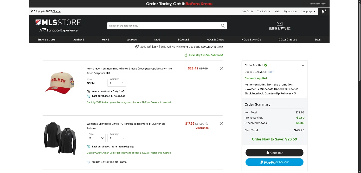 Minnesota United FC checkout page showing Minnesota United FC promo code box | Screenshot taken by SimplyCodes community member on Dec 16, 2025
