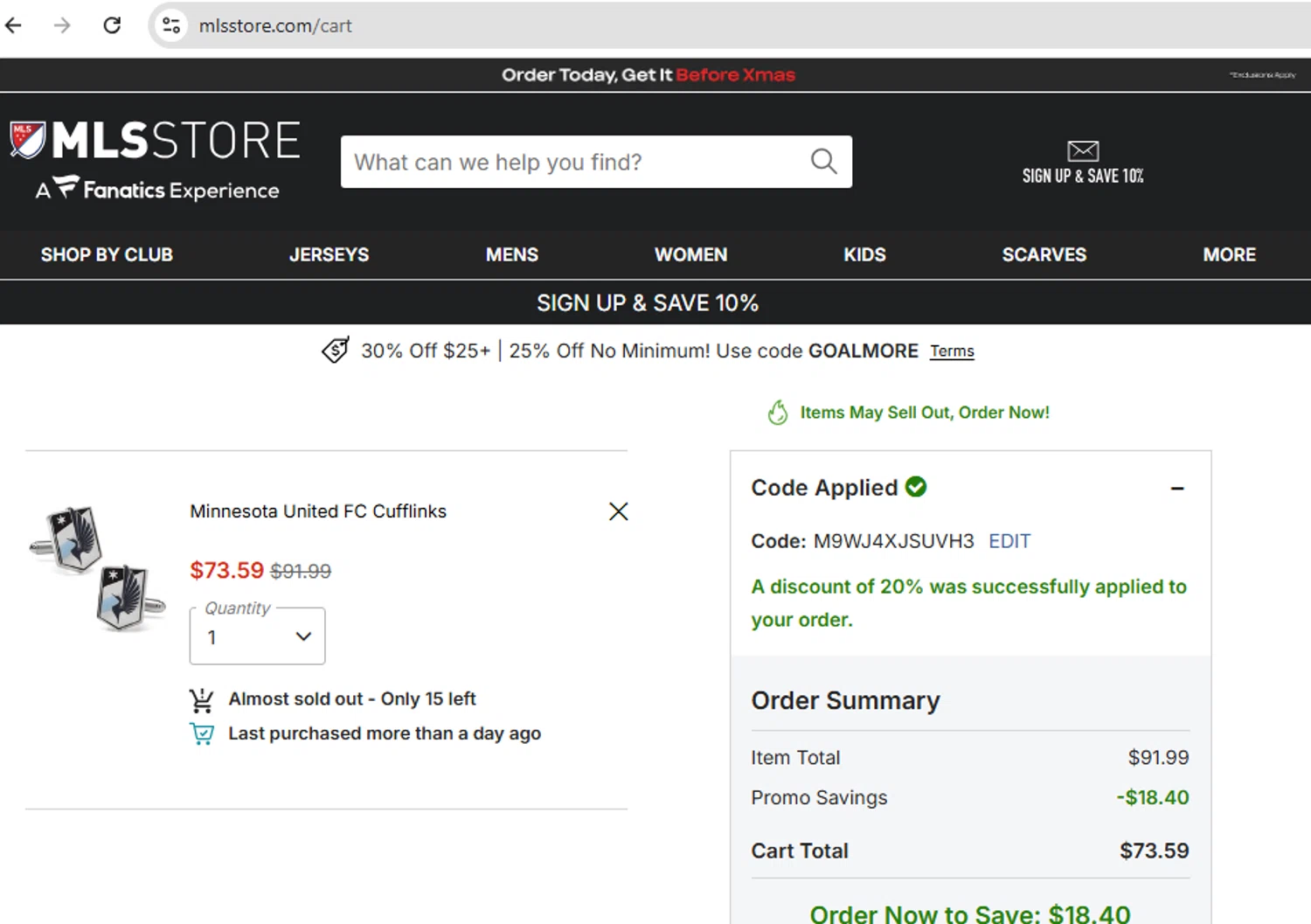 Minnesota United FC checkout page showing Minnesota United FC promo code box | Screenshot taken by SimplyCodes community member on Dec 16, 2025