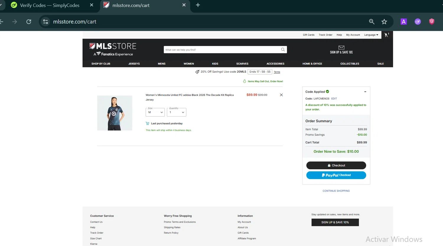 Minnesota United FC checkout page showing Minnesota United FC promo code box | Screenshot taken by SimplyCodes community member on Feb 20, 2026