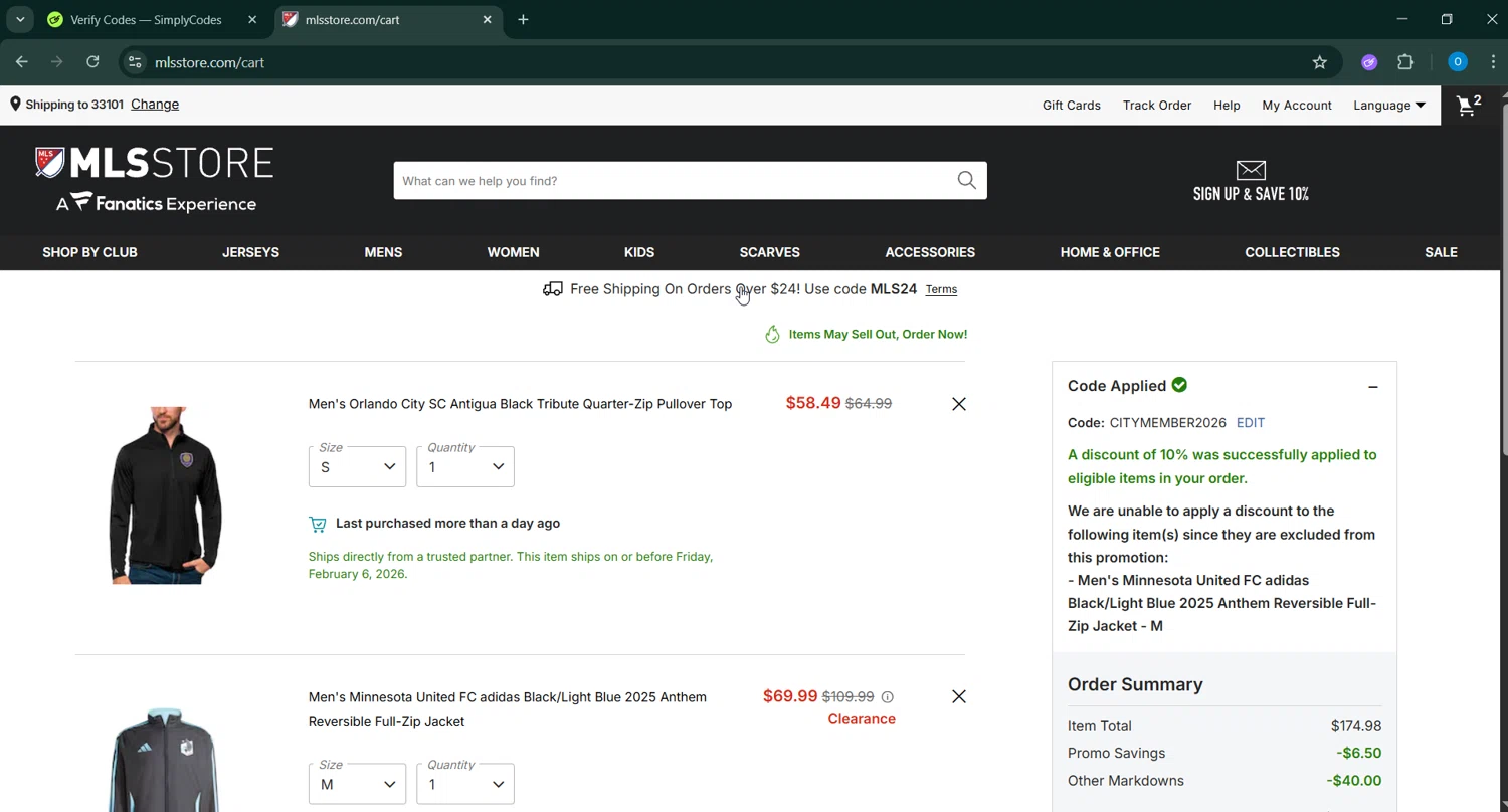 Minnesota United FC checkout page showing Minnesota United FC promo code box | Screenshot taken by SimplyCodes community member on Feb 5, 2026