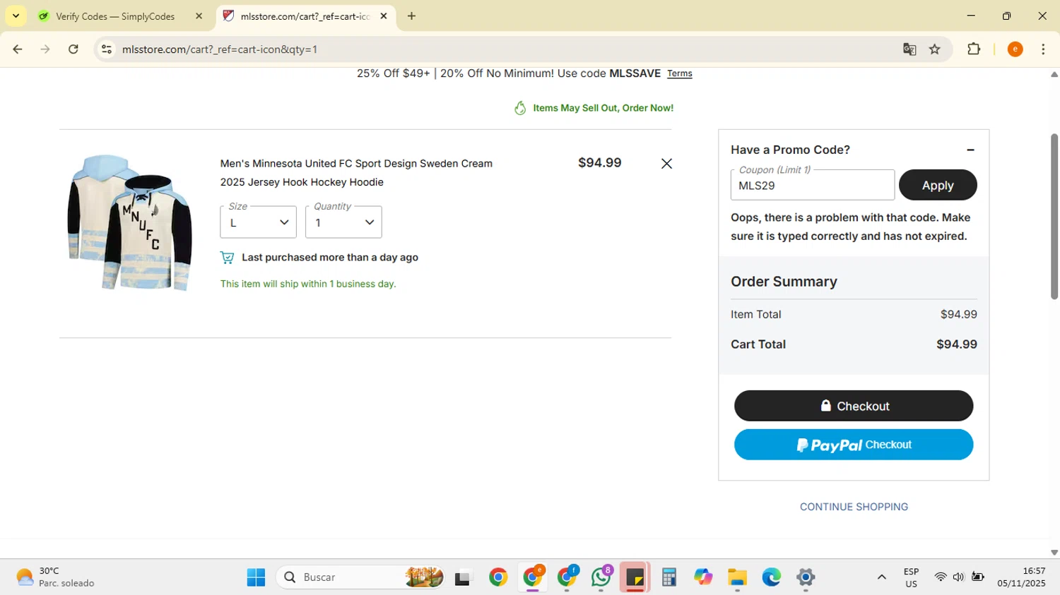 Minnesota United FC promo code screenshot showing code MLS29 applied at Minnesota United FC checkout page. Uploaded by SimplyCodes community member RebateSpotter7205 on Nov 5, 2025