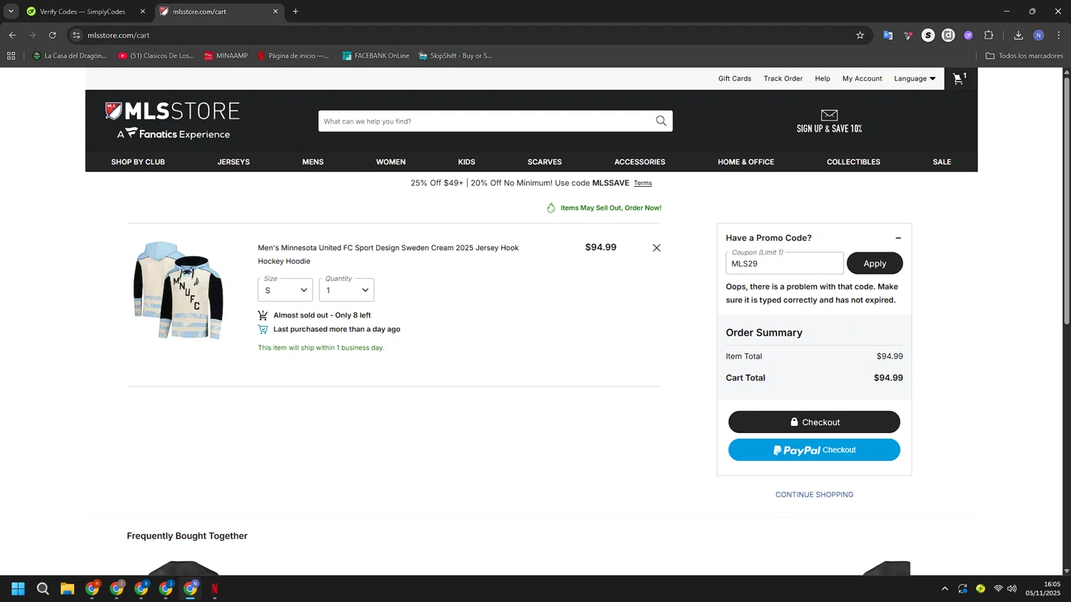 Minnesota United FC promo code screenshot showing code MLS29 applied at Minnesota United FC checkout page. Uploaded by SimplyCodes community member RoyalGuardian2978 on Nov 5, 2025