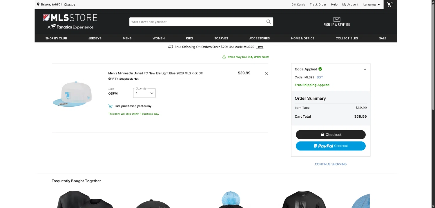 Minnesota United FC checkout page showing Minnesota United FC promo code box | Screenshot taken by SimplyCodes community member on Feb 22, 2026