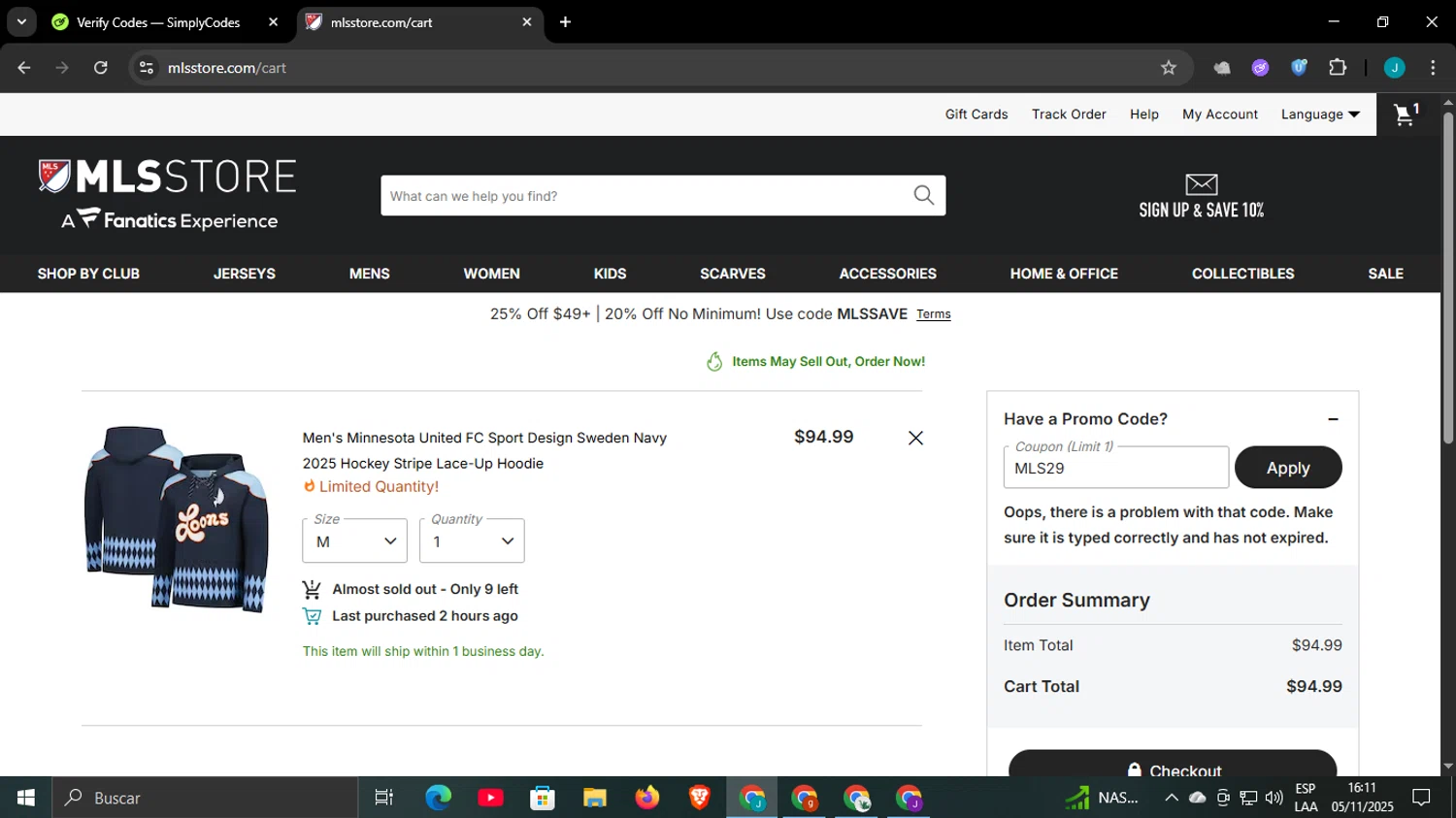 Minnesota United FC promo code screenshot showing code MLS29 applied at Minnesota United FC checkout page. Uploaded by SimplyCodes community member WonderCaptain6926 on Nov 5, 2025