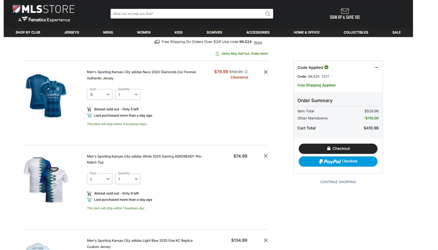 Minnesota United FC promo code screenshot showing code MLS24 applied at Minnesota United FC checkout page. Uploaded by SimplyCodes community member Dulce__ on Jan 20, 2026