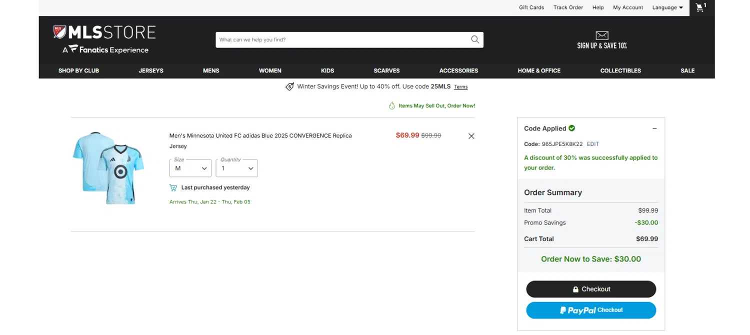 Minnesota United FC promo code screenshot showing code 965JPE5K8K22 applied at Minnesota United FC checkout page. Uploaded by SimplyCodes community member OnlywM on Dec 26, 2025