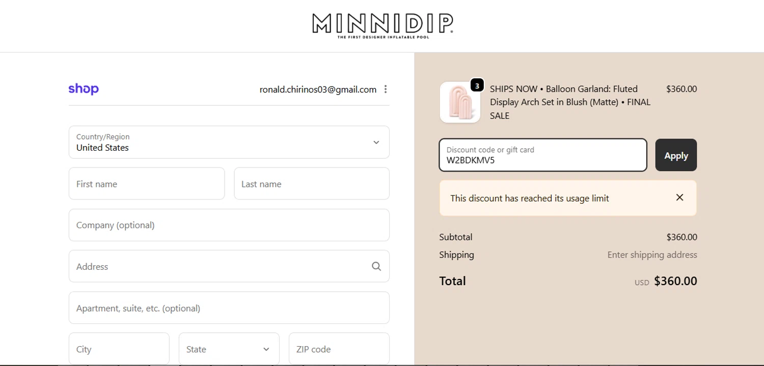 Minnidip promo code screenshot showing code W2BDKMV5 applied at Minnidip checkout page. Uploaded by SimplyCodes community member Carlosramirez09 on Apr 7, 2026