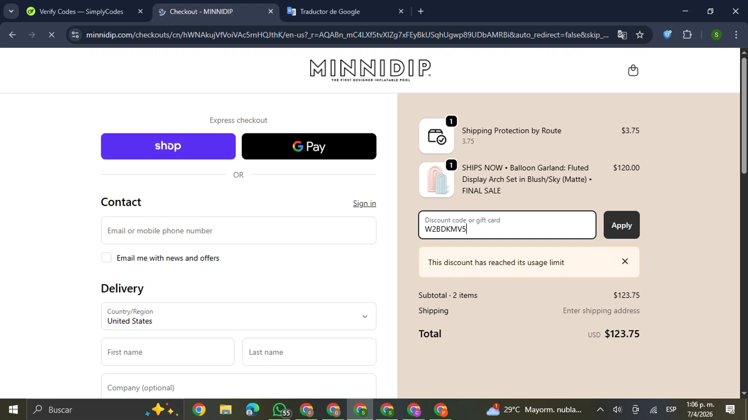 Minnidip promo code screenshot showing code W2BDKMV5 applied at Minnidip checkout page. Uploaded by SimplyCodes community member GloriousDefender7889 on Apr 7, 2026
