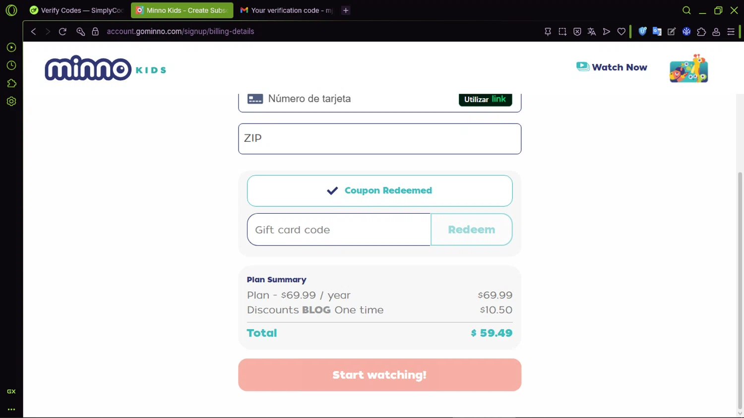 Minno promo code screenshot showing code BLOG applied at Minno checkout page. Uploaded by SimplyCodes community member CleverMaven2889 on Feb 21, 2026