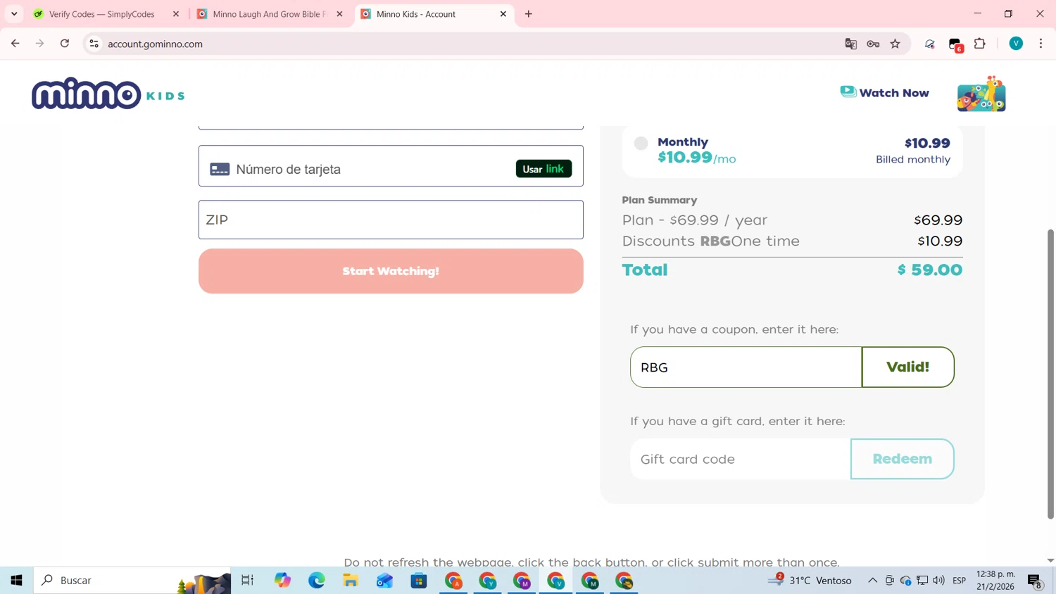 Minno promo code screenshot showing code RBG applied at Minno checkout page. Uploaded by SimplyCodes community member lyffytaro on Feb 21, 2026
