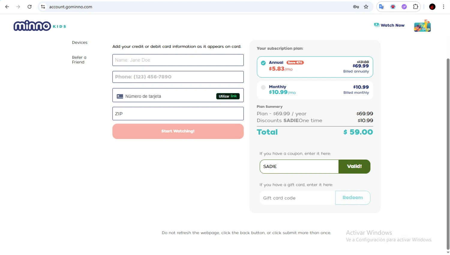 Minno promo code screenshot showing code SADIE applied at Minno checkout page. Uploaded by SimplyCodes community member Francisco01 on Jan 11, 2026