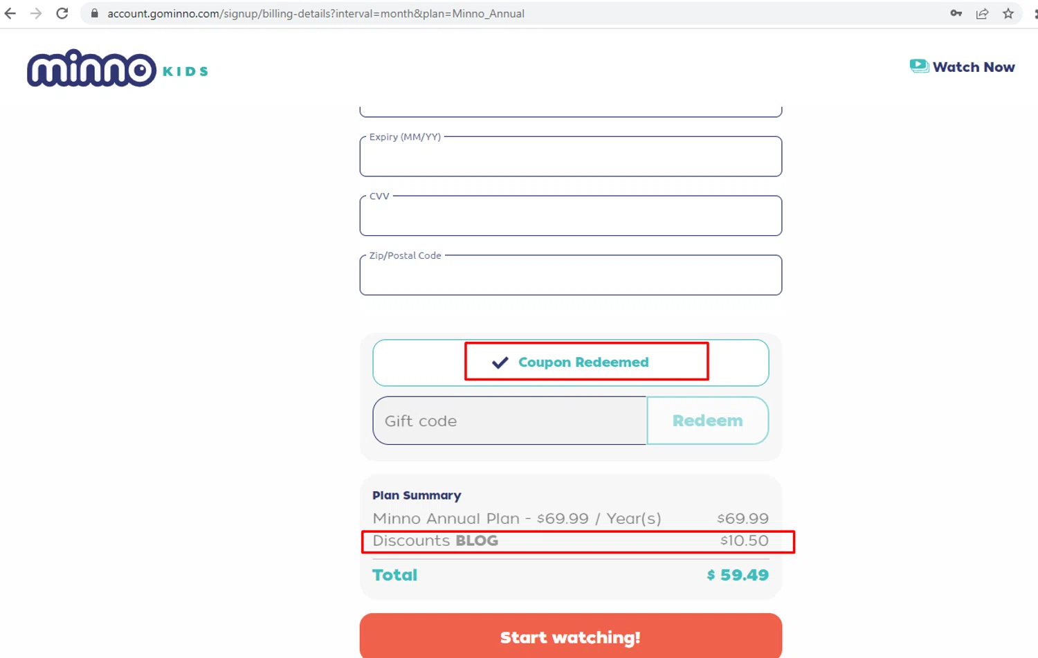 Minno promo code screenshot showing code BLOG applied at Minno checkout page. Uploaded by SimplyCodes community member nileskamarcano on May 31, 2026