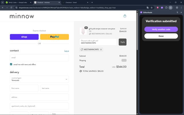Minnow checkout page showing Minnow discount code box | Screenshot taken by SimplyCodes community member on Sep 8, 2025