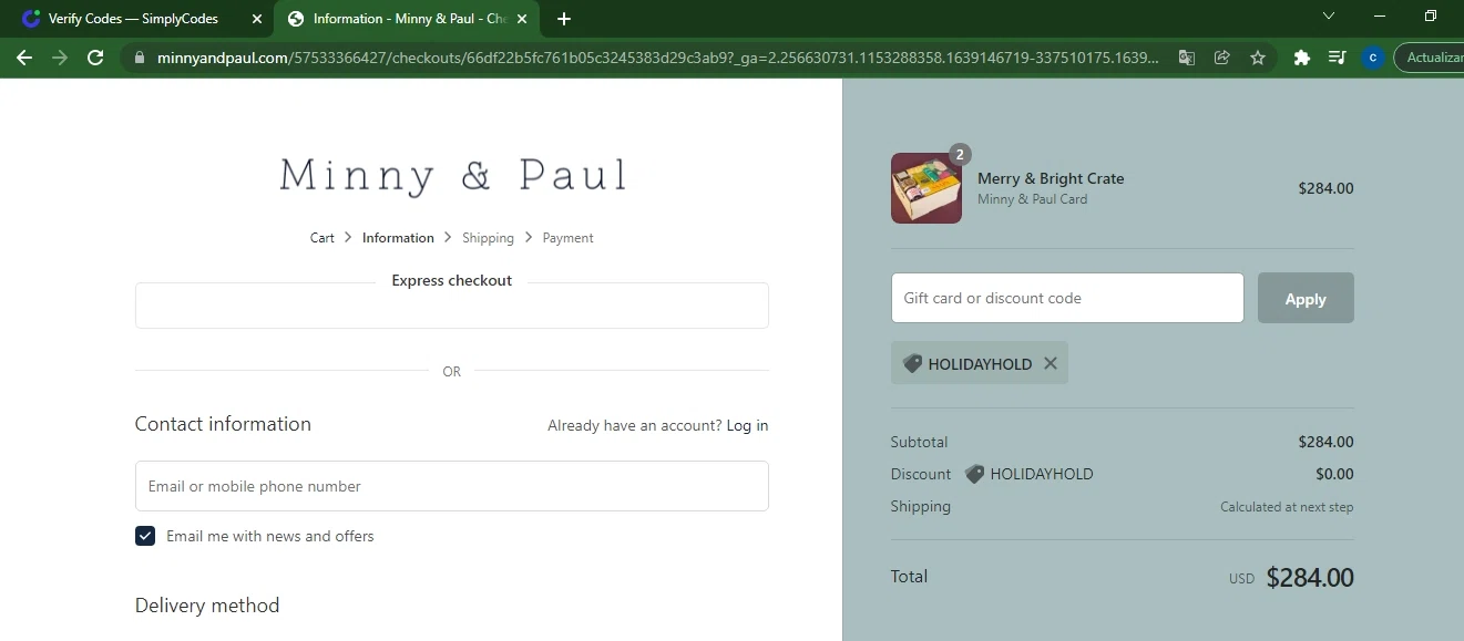 Minny & Paul checkout page showing Minny & Paul promo code box | Screenshot taken by SimplyCodes community member on Dec 10, 2021