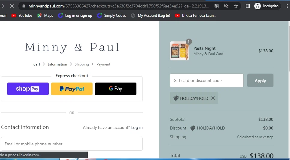 Minny & Paul checkout page showing Minny & Paul promo code box | Screenshot taken by SimplyCodes community member on Jun 15, 2022