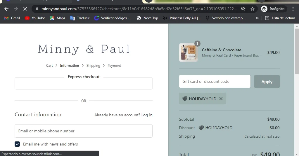 Minny & Paul checkout page showing Minny & Paul promo code box | Screenshot taken by SimplyCodes community member on Mar 9, 2022