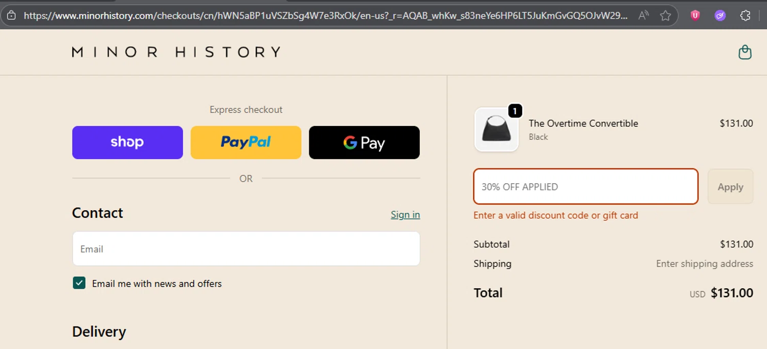 Minor History promo code screenshot showing code SHIP4FREE applied at Minor History checkout page. Uploaded by SimplyCodes community member TheJoyBoy on Nov 22, 2025