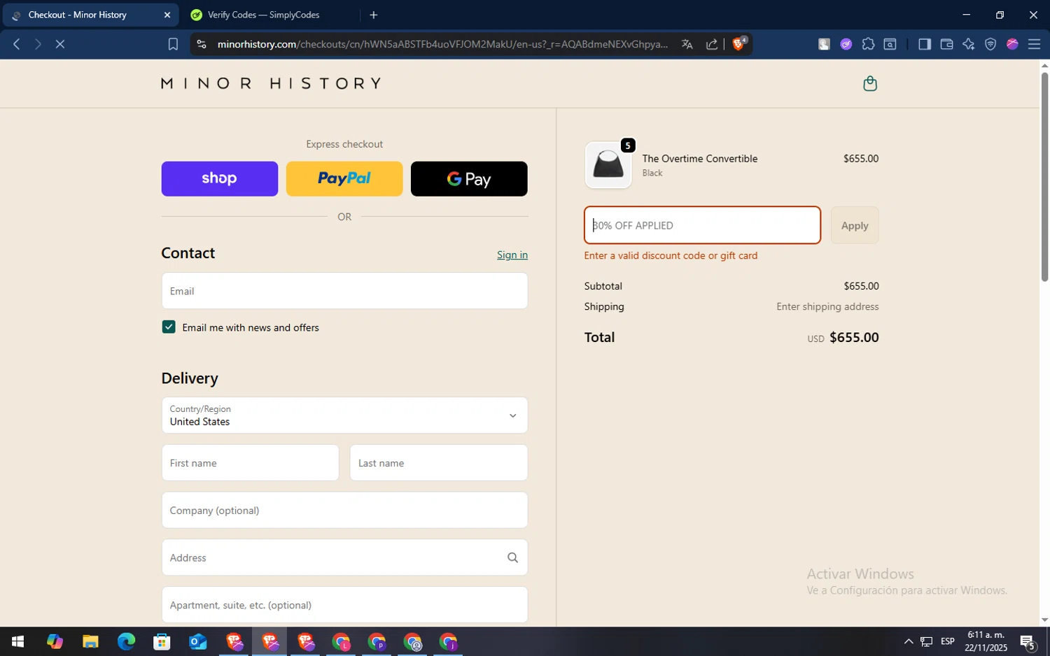 Minor History promo code screenshot showing code SHIP4FREE applied at Minor History checkout page. Uploaded by SimplyCodes community member TokenSaver1205 on Nov 22, 2025