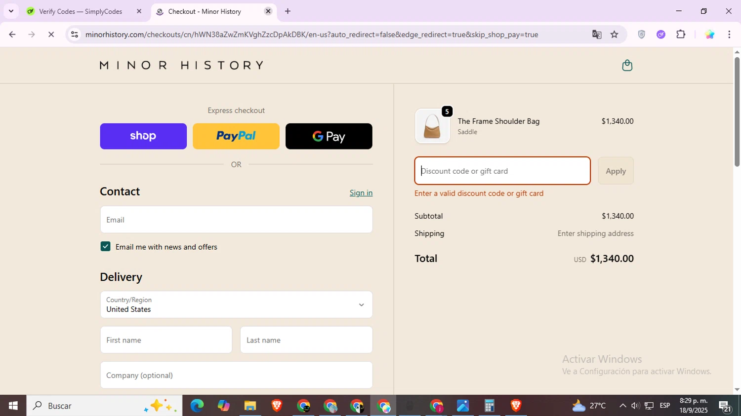 Minor History promo code screenshot showing code B5R24SJW applied at Minor History checkout page. Uploaded by SimplyCodes community member Estrellitacoairis on Sep 19, 2025