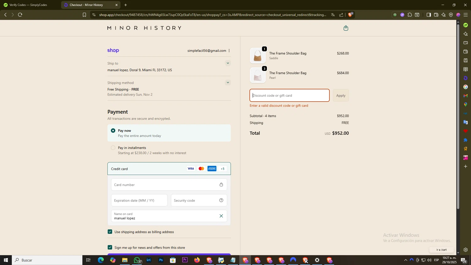 Minor History promo code screenshot showing code shop-early applied at Minor History checkout page. Uploaded by SimplyCodes community member DiscountExpert556 on Oct 29, 2025