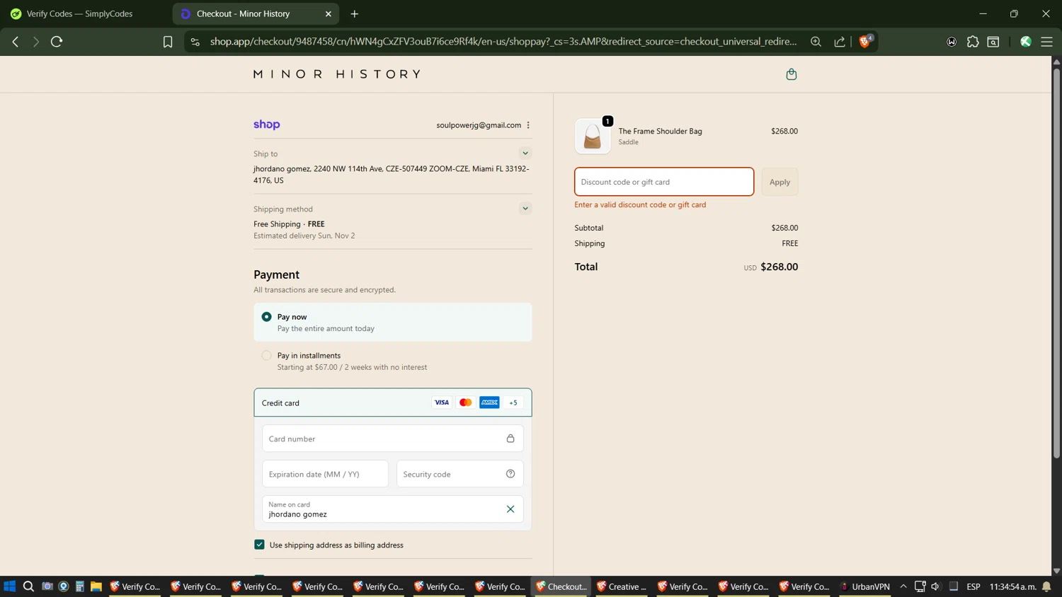 Minor History promo code screenshot showing code shop-early applied at Minor History checkout page. Uploaded by SimplyCodes community member Phoenix on Oct 29, 2025