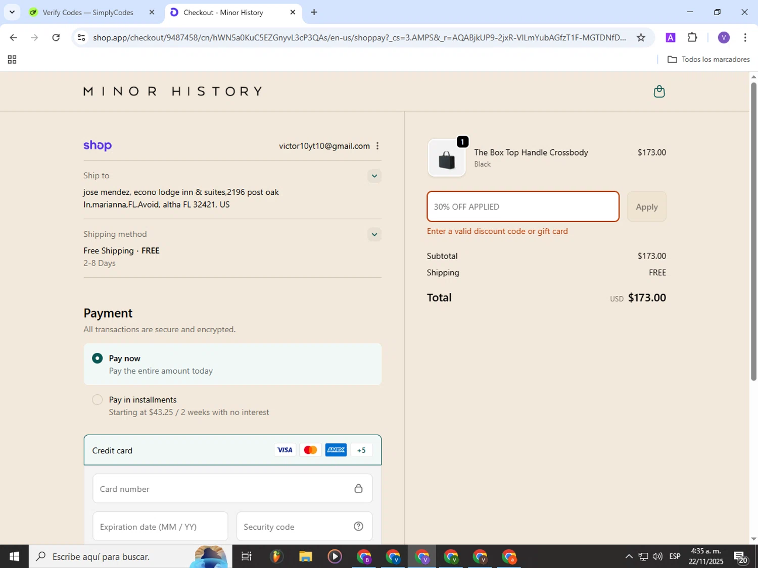Minor History promo code screenshot showing code SHOPEARLY applied at Minor History checkout page. Uploaded by SimplyCodes community member Gianpiero on Nov 22, 2025