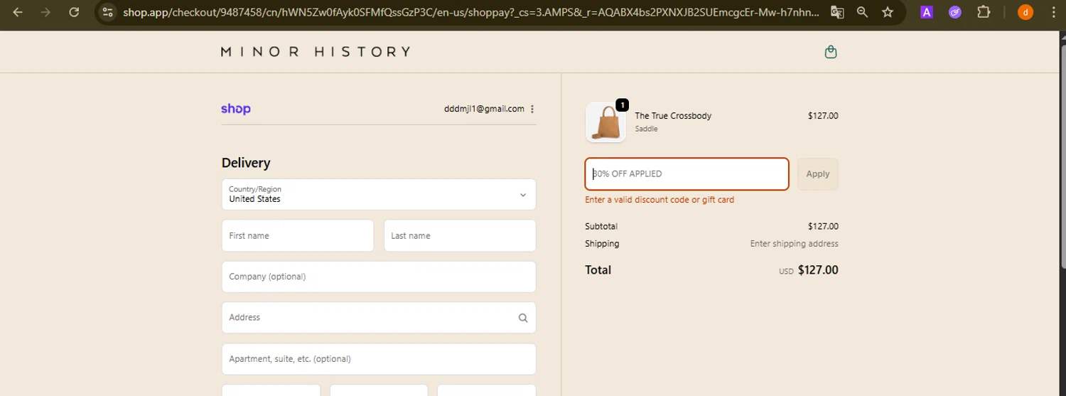 Minor History promo code screenshot showing code SHOPEARLY applied at Minor History checkout page. Uploaded by SimplyCodes community member PennyAdmiral6960 on Nov 22, 2025