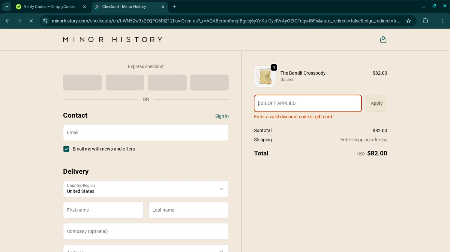 Minor History promo code screenshot showing code SHOPEARLY applied at Minor History checkout page. Uploaded by SimplyCodes community member SwiftSage2309 on Nov 22, 2025