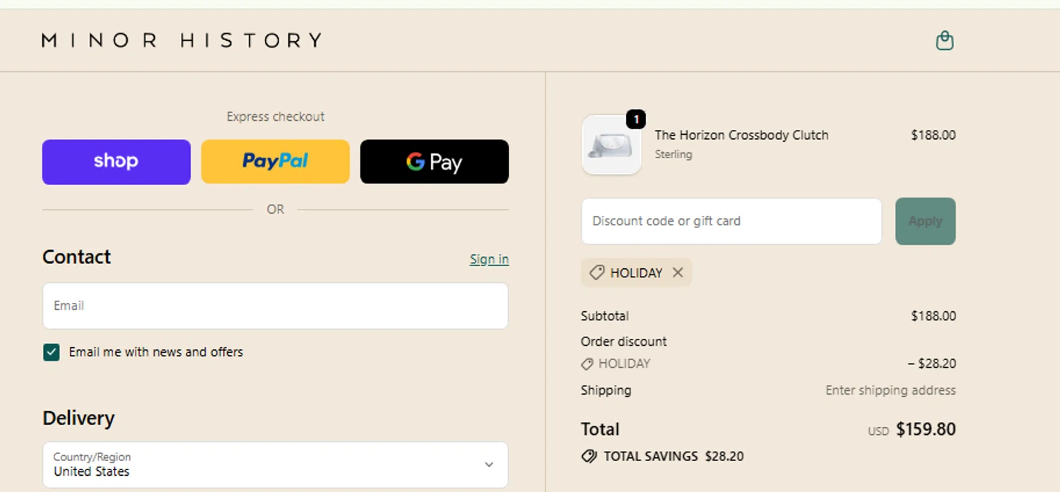 Minor History promo code screenshot showing code HOLIDAY applied at Minor History checkout page. Uploaded by SimplyCodes community member carlosrivero on Dec 2, 2025