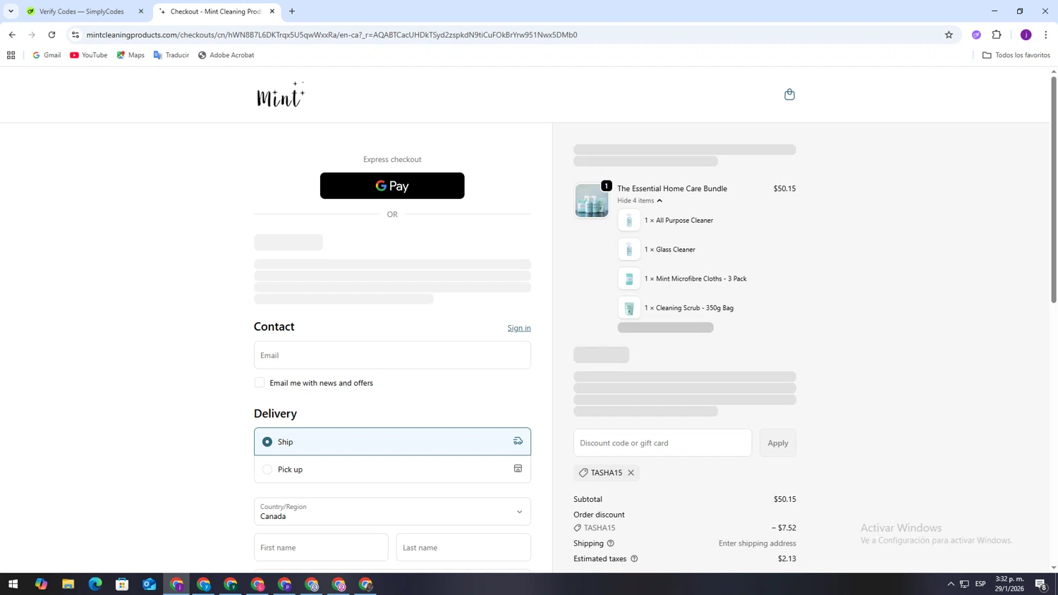 Mint Cleaning discount code screenshot showing code Tasha15 applied at Mint Cleaning checkout page. Uploaded by SimplyCodes community member CodeLynx5272 on Jan 29, 2026