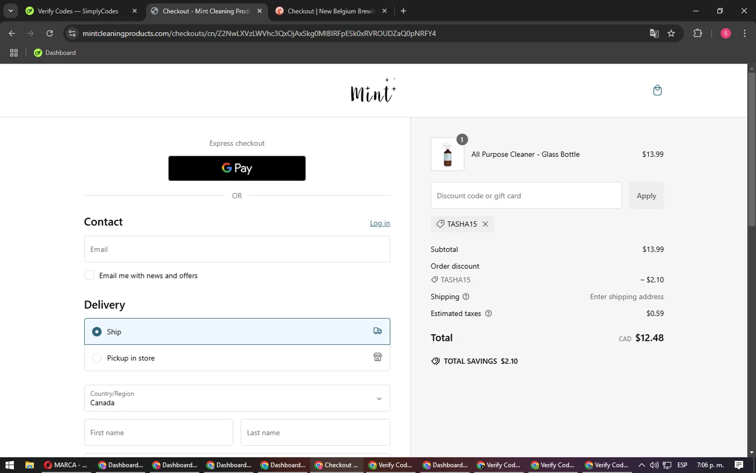 Mint Cleaning discount code screenshot showing code Tasha15 applied at Mint Cleaning checkout page. Uploaded by SimplyCodes community member BargainPilot4994 on Jan 8, 2025