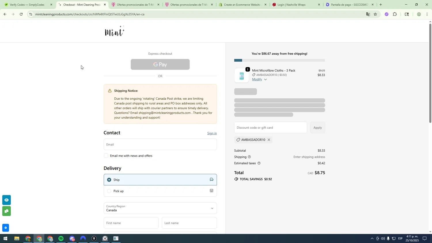Mint Cleaning discount code screenshot showing code AMBASSADOR10 applied at Mint Cleaning checkout page. Uploaded by SimplyCodes community member sfdfgdsfgdfgdfg on Oct 25, 2025