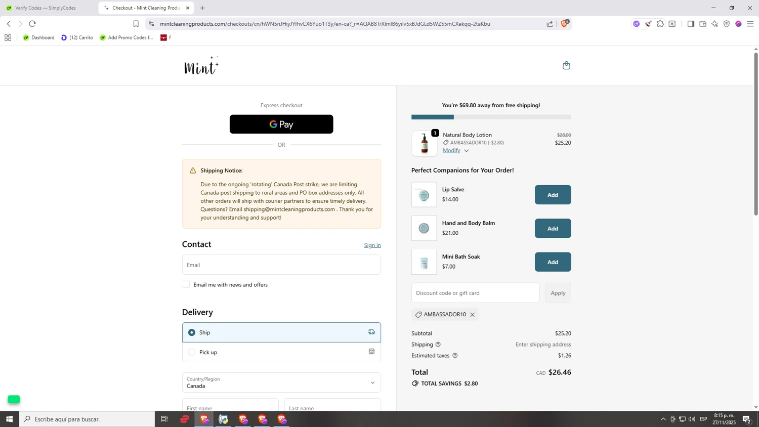 Mint Cleaning discount code screenshot showing code AMBASSADOR10 applied at Mint Cleaning checkout page. Uploaded by SimplyCodes community member Nezukooo on Nov 28, 2025