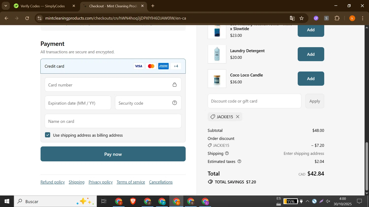 Mint Cleaning discount code screenshot showing code JACKIE15 applied at Mint Cleaning checkout page. Uploaded by SimplyCodes community member MoneyShopper1883 on Oct 30, 2025