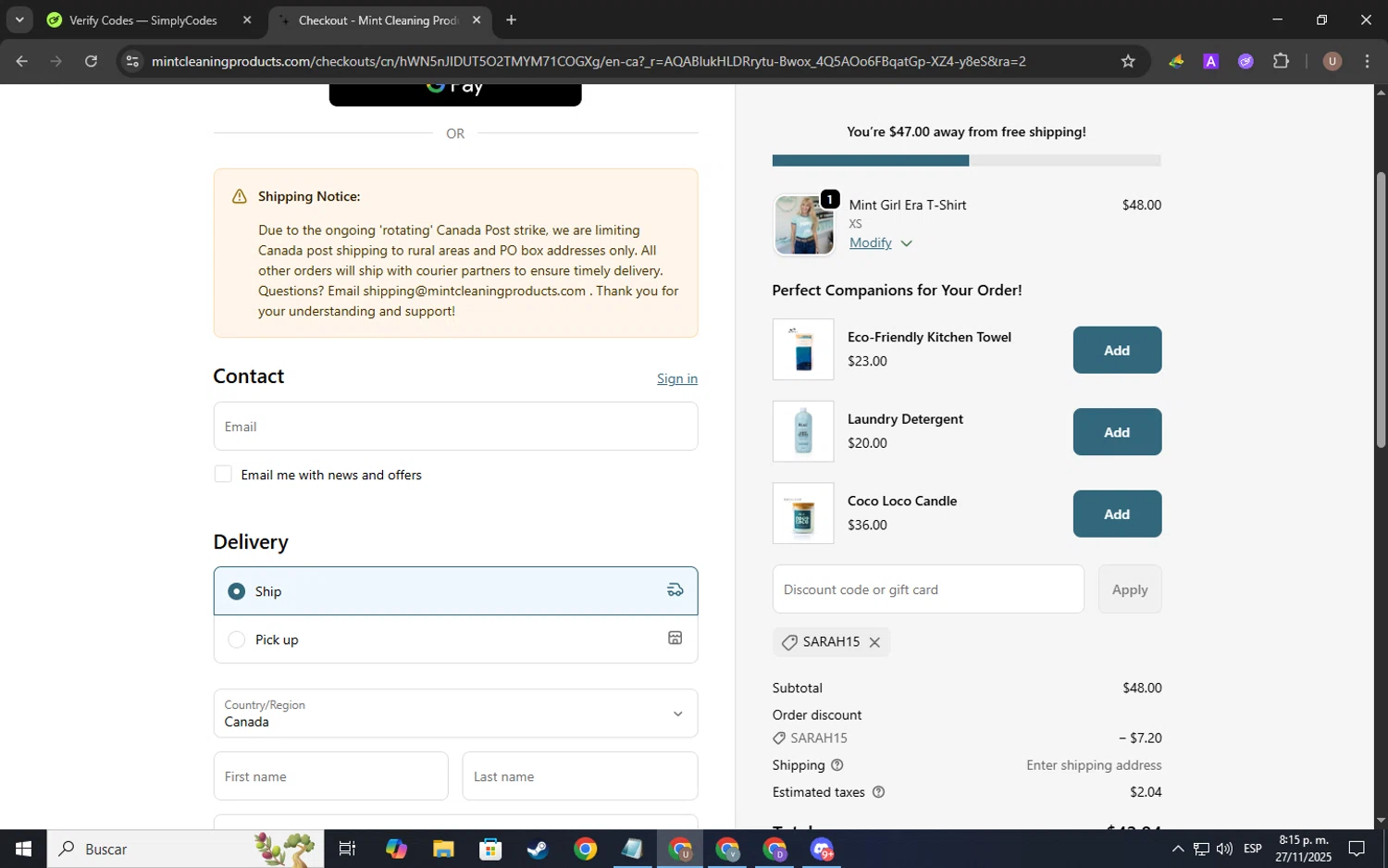 Mint Cleaning discount code screenshot showing code sarah15 applied at Mint Cleaning checkout page. Uploaded by SimplyCodes community member Kelvis_Vargas on Nov 28, 2025