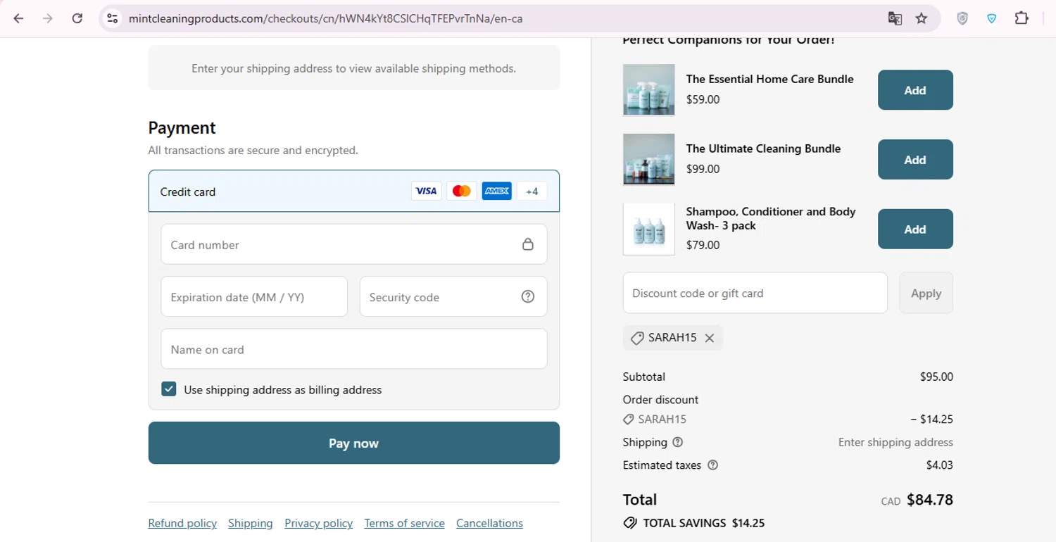 Mint Cleaning discount code screenshot showing code sarah15 applied at Mint Cleaning checkout page. Uploaded by SimplyCodes community member carol_lameda on Oct 31, 2025