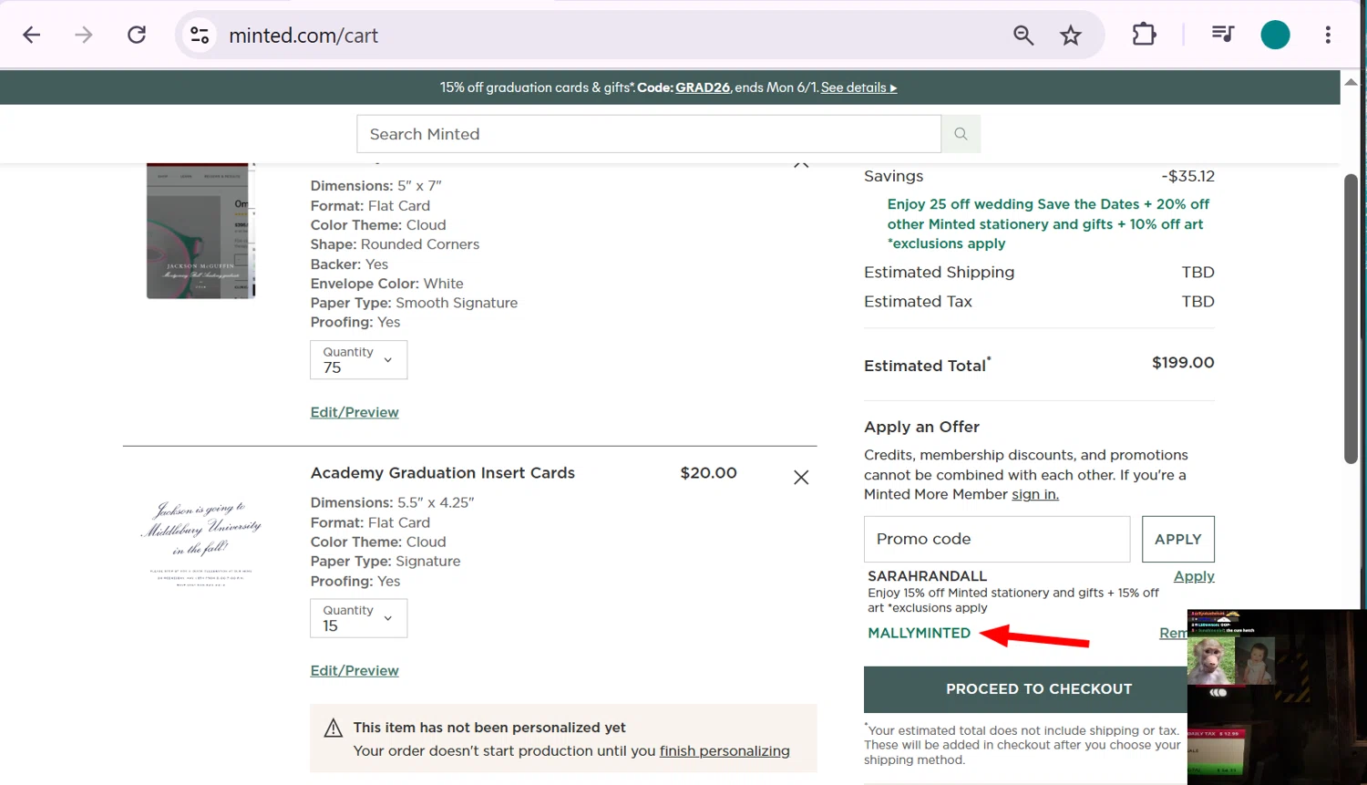 Minted promo code screenshot showing code MALLYMINTED applied at Minted checkout page. Uploaded by SimplyCodes community member anosesmith on May 27, 2026