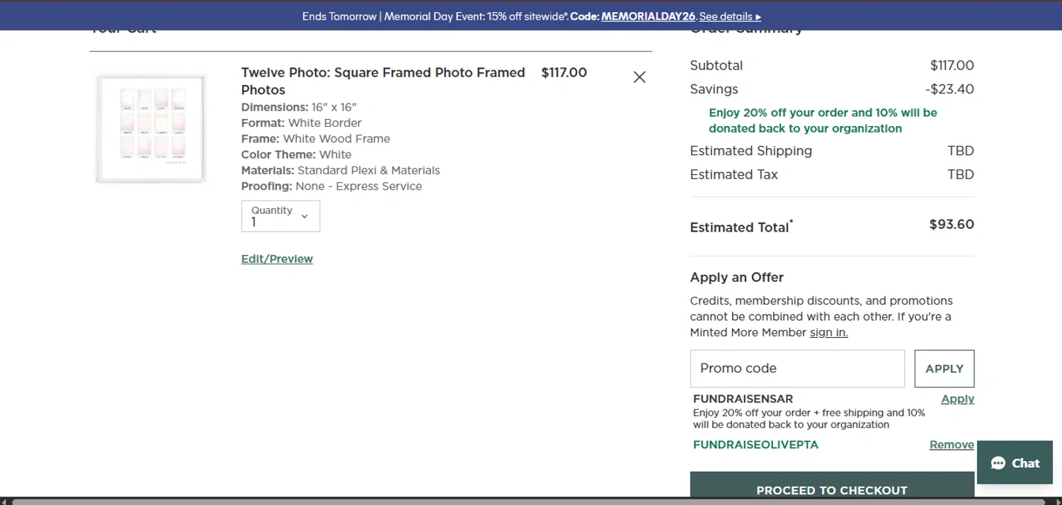 Minted promo code screenshot showing code FUNDRAISEOLIVEPTA applied at Minted checkout page. Uploaded by SimplyCodes community member juanisaac on May 25, 2026